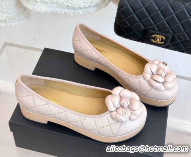 Durable Chanel Quilted Calfskin & Wood-Like Loafers with Studs and Camellia Bloom Pale Pink 50901131