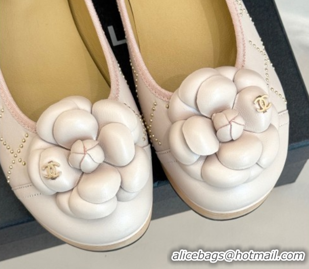 Durable Chanel Quilted Calfskin & Wood-Like Loafers with Studs and Camellia Bloom Pale Pink 50901131