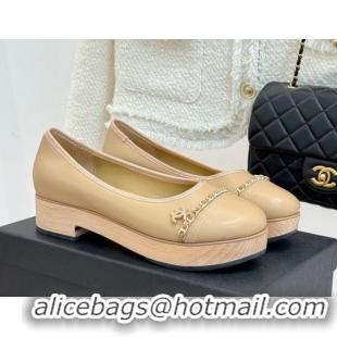 Shop Duplicate Chanel Lambskin & Wood-Like Loafers with Chain Beige 2025 CH090114