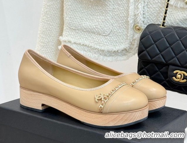 Shop Duplicate Chanel Lambskin & Wood-Like Loafers with Chain Beige 2025 CH090114