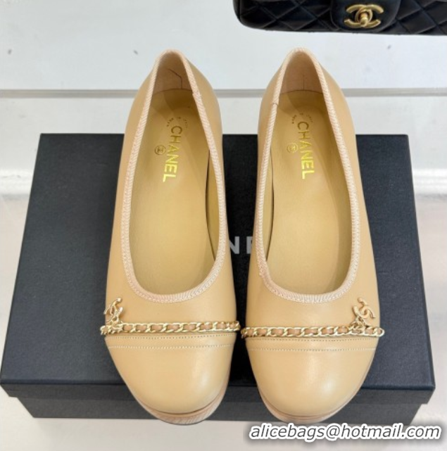 Shop Duplicate Chanel Lambskin & Wood-Like Loafers with Chain Beige 2025 CH090114