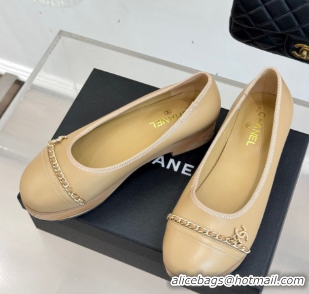 Shop Duplicate Chanel Lambskin & Wood-Like Loafers with Chain Beige 2025 CH090114