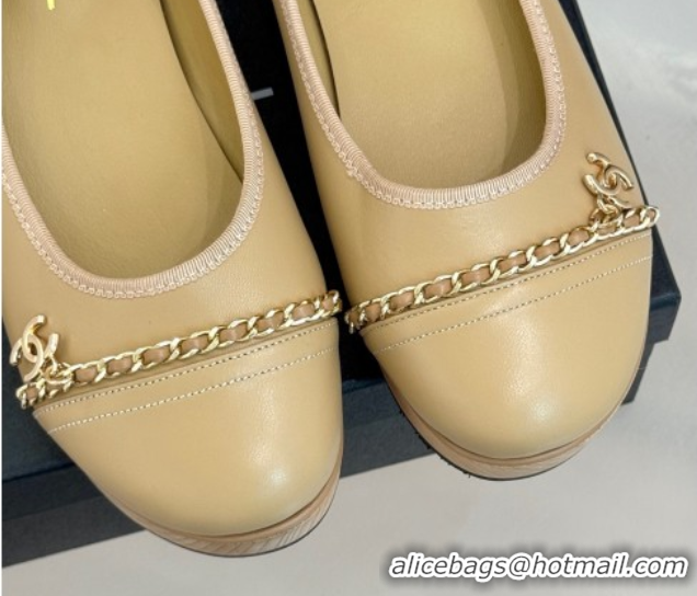 Shop Duplicate Chanel Lambskin & Wood-Like Loafers with Chain Beige 2025 CH090114