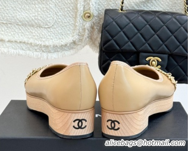 Shop Duplicate Chanel Lambskin & Wood-Like Loafers with Chain Beige 2025 CH090114