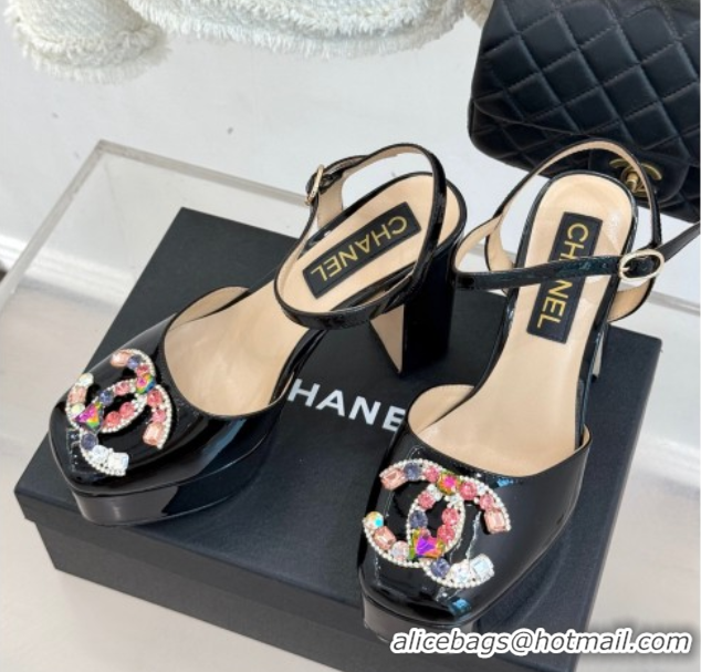 Good Quality Chanel Patent Calfskin Platform Sandals 11cm with Jewel CC Black 2025 CH090115