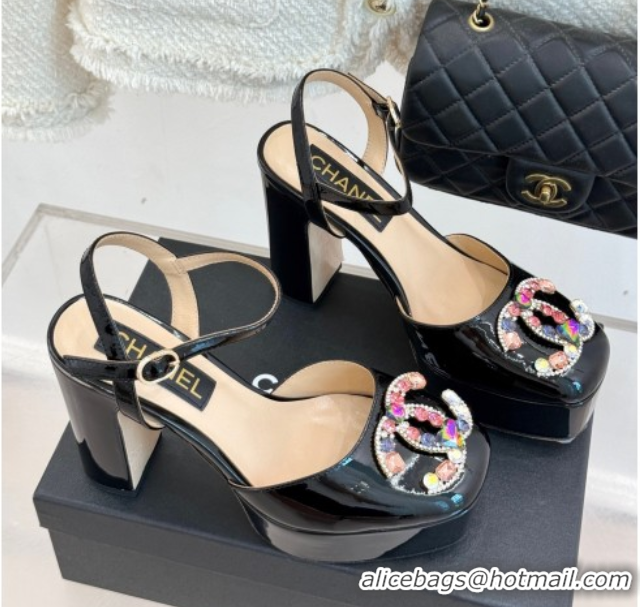 Good Quality Chanel Patent Calfskin Platform Sandals 11cm with Jewel CC Black 2025 CH090115