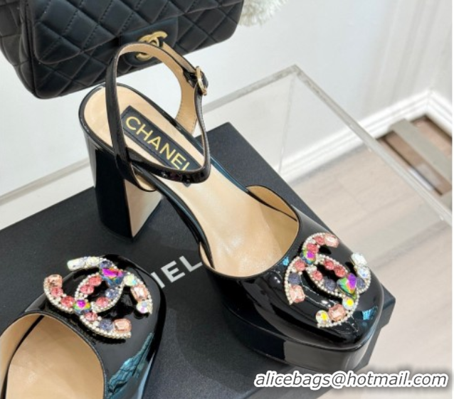 Good Quality Chanel Patent Calfskin Platform Sandals 11cm with Jewel CC Black 2025 CH090115