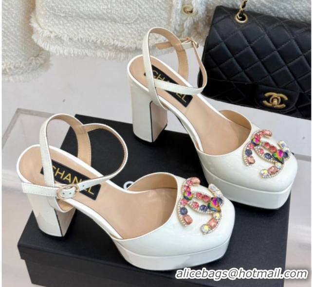 Good Product Chanel Patent Calfskin Platform Sandals 11cm with Jewel CC White 2025 CH090115