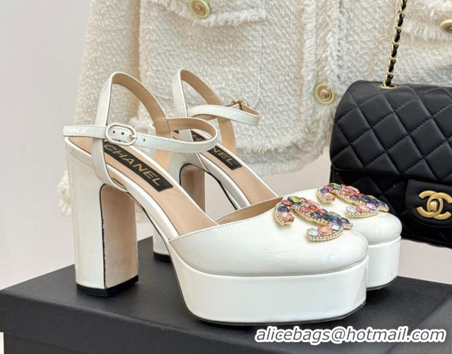 Good Product Chanel Patent Calfskin Platform Sandals 11cm with Jewel CC White 2025 CH090115