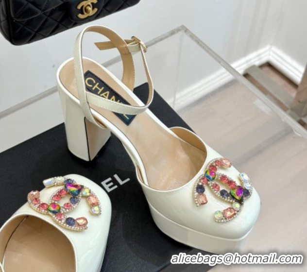 Good Product Chanel Patent Calfskin Platform Sandals 11cm with Jewel CC White 2025 CH090115