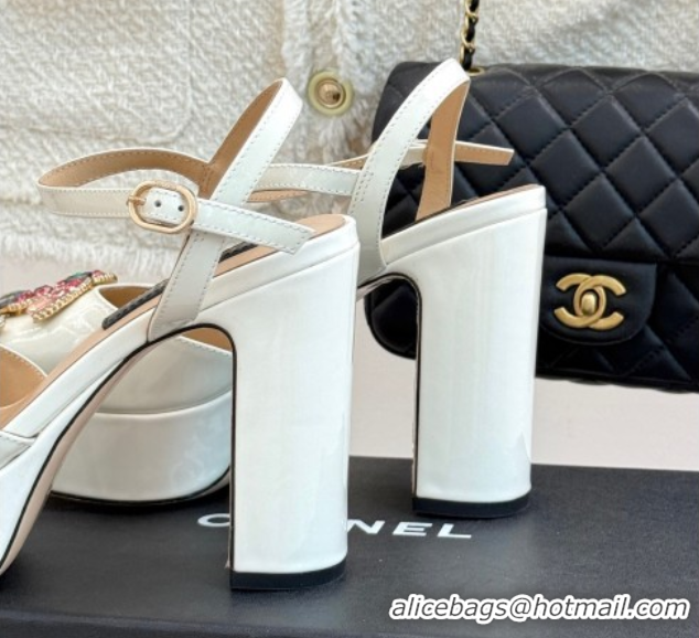 Good Product Chanel Patent Calfskin Platform Sandals 11cm with Jewel CC White 2025 CH090115