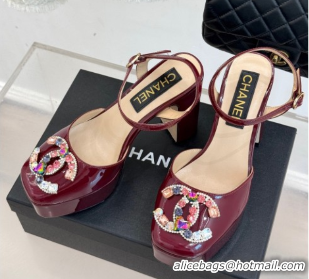 Hot Style Chanel Patent Calfskin Platform Sandals 11cm with Jewel CC Burgundy 2025 CH090115