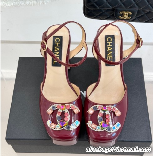 Hot Style Chanel Patent Calfskin Platform Sandals 11cm with Jewel CC Burgundy 2025 CH090115