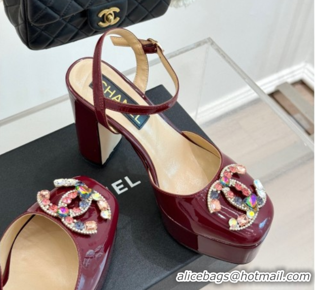 Hot Style Chanel Patent Calfskin Platform Sandals 11cm with Jewel CC Burgundy 2025 CH090115