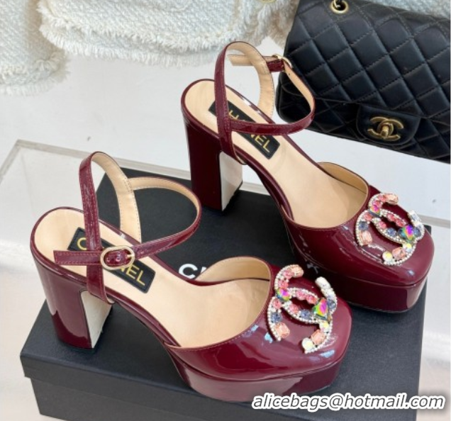 Hot Style Chanel Patent Calfskin Platform Sandals 11cm with Jewel CC Burgundy 2025 CH090115