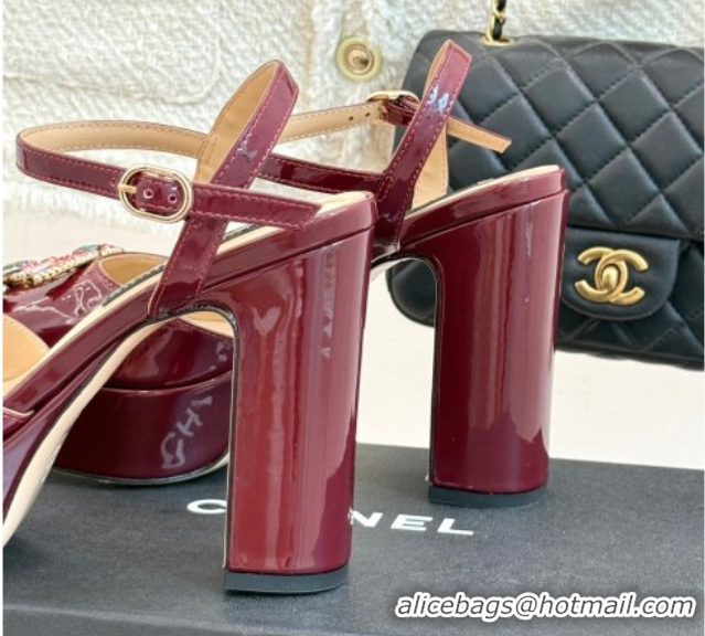 Hot Style Chanel Patent Calfskin Platform Sandals 11cm with Jewel CC Burgundy 2025 CH090115