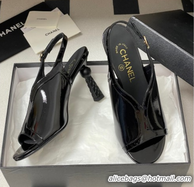 Stylish Chanel Patent Calfskin Leather Heel Sandals 8.5cm Black 2025 G46538