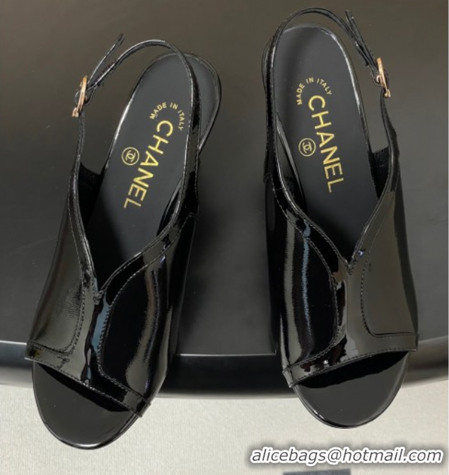 Stylish Chanel Patent Calfskin Leather Heel Sandals 8.5cm Black 2025 G46538
