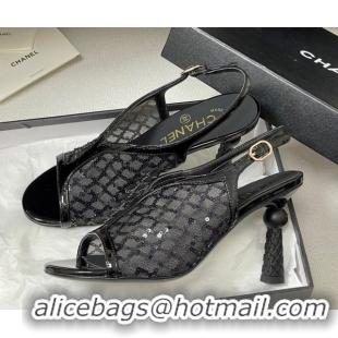 Duplicate Chanel Mesh & Sequins Heel Sandals 8.5cm Black 2025 G46538