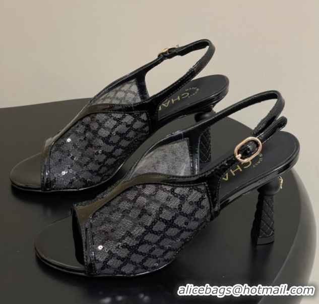 Duplicate Chanel Mesh & Sequins Heel Sandals 8.5cm Black 2025 G46538