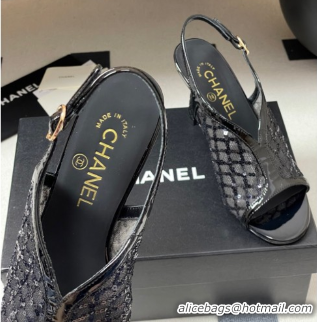 Duplicate Chanel Mesh & Sequins Heel Sandals 8.5cm Black 2025 G46538