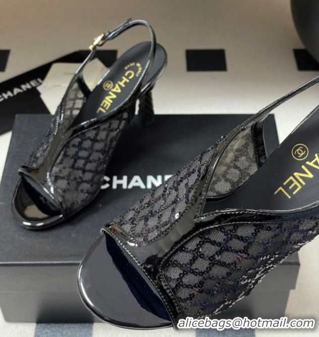 Duplicate Chanel Mesh & Sequins Heel Sandals 8.5cm Black 2025 G46538