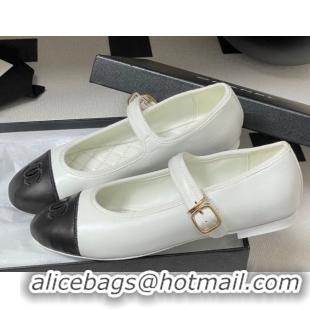 Sophisticated Chanel Lambskin Leather Mary Janes Flats Ballet G45503 White/Black