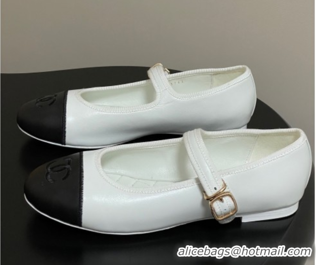 Sophisticated Chanel Lambskin Leather Mary Janes Flats Ballet G45503 White/Black