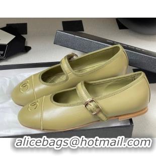 Original Cheap Chanel Lambskin Leather Mary Janes Flats Ballet G45503 Green