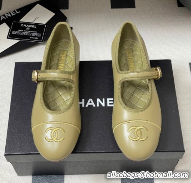 Original Cheap Chanel Lambskin Leather Mary Janes Flats Ballet G45503 Green
