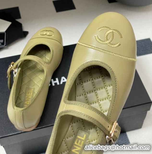 Original Cheap Chanel Lambskin Leather Mary Janes Flats Ballet G45503 Green