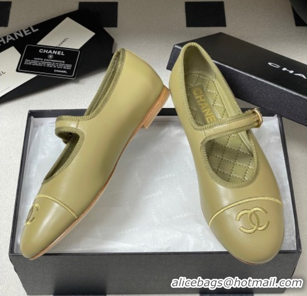 Original Cheap Chanel Lambskin Leather Mary Janes Flats Ballet G45503 Green