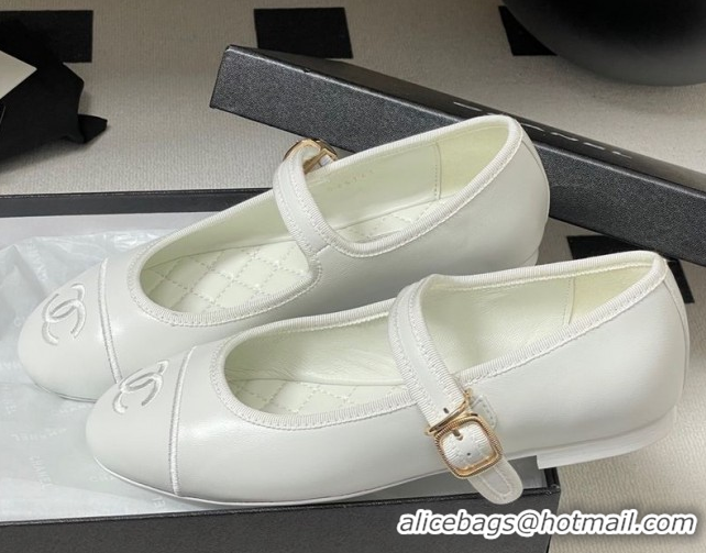 Charming Chanel Lambskin Leather Mary Janes Flats Ballet G45503 White