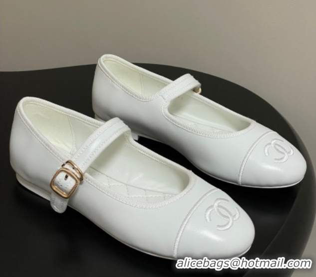 Charming Chanel Lambskin Leather Mary Janes Flats Ballet G45503 White