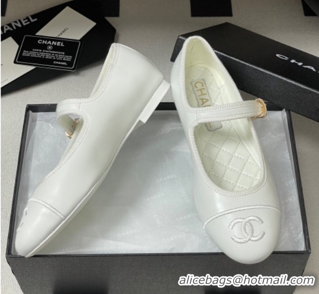 Charming Chanel Lambskin Leather Mary Janes Flats Ballet G45503 White