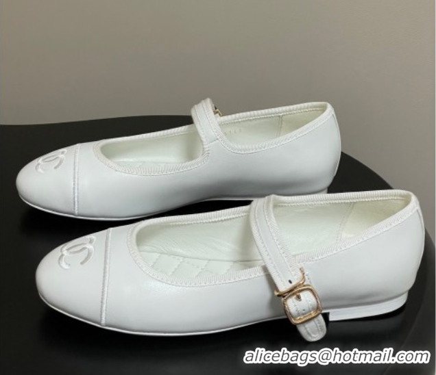 Charming Chanel Lambskin Leather Mary Janes Flats Ballet G45503 White