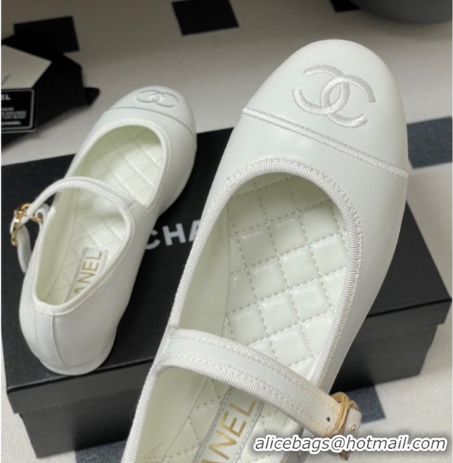 Charming Chanel Lambskin Leather Mary Janes Flats Ballet G45503 White