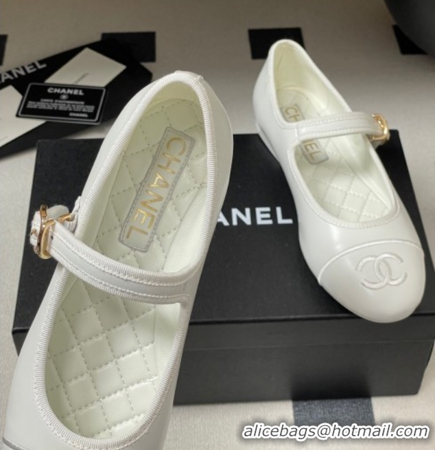 Charming Chanel Lambskin Leather Mary Janes Flats Ballet G45503 White