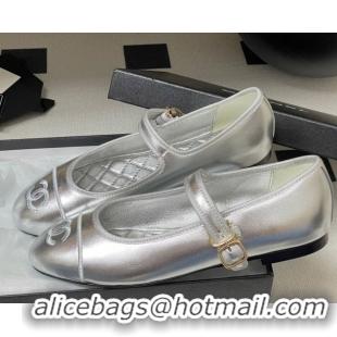 Luxury Chanel Metallic Calfskin Mary Janes Flats Ballet G45503 Silver