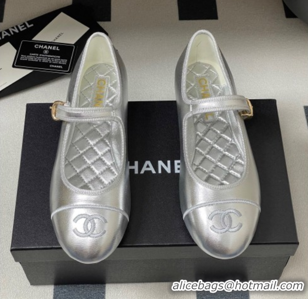 Luxury Chanel Metallic Calfskin Mary Janes Flats Ballet G45503 Silver