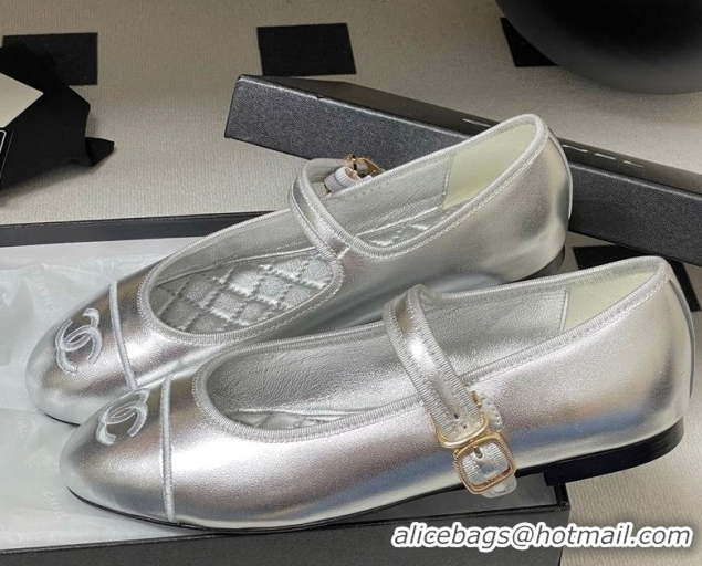 Luxury Chanel Metallic Calfskin Mary Janes Flats Ballet G45503 Silver