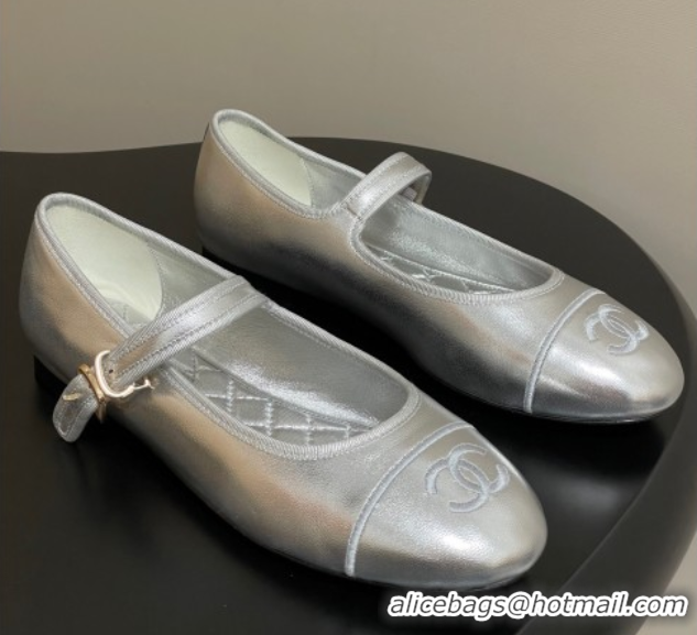 Luxury Chanel Metallic Calfskin Mary Janes Flats Ballet G45503 Silver