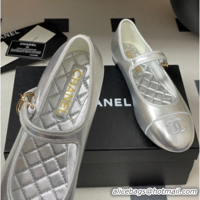Luxury Chanel Metallic Calfskin Mary Janes Flats Ballet G45503 Silver