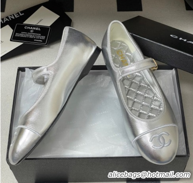 Luxury Chanel Metallic Calfskin Mary Janes Flats Ballet G45503 Silver