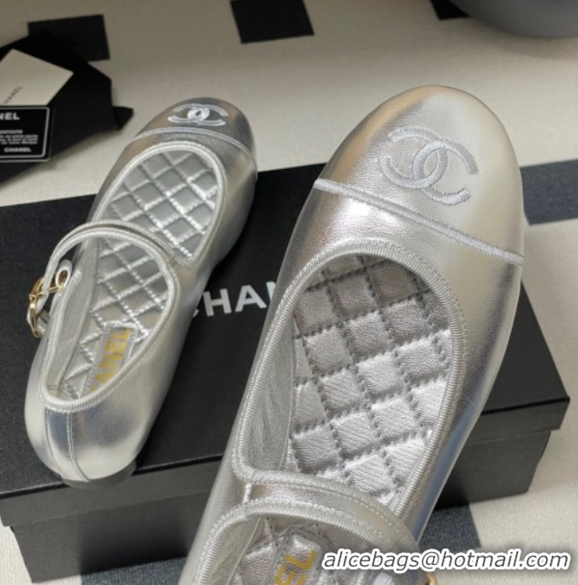 Luxury Chanel Metallic Calfskin Mary Janes Flats Ballet G45503 Silver