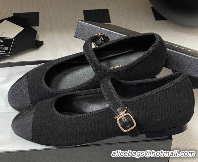 Trendy Design Chanel Fleece & Grosgrain Mary Janes Flats Ballet G45503 Black