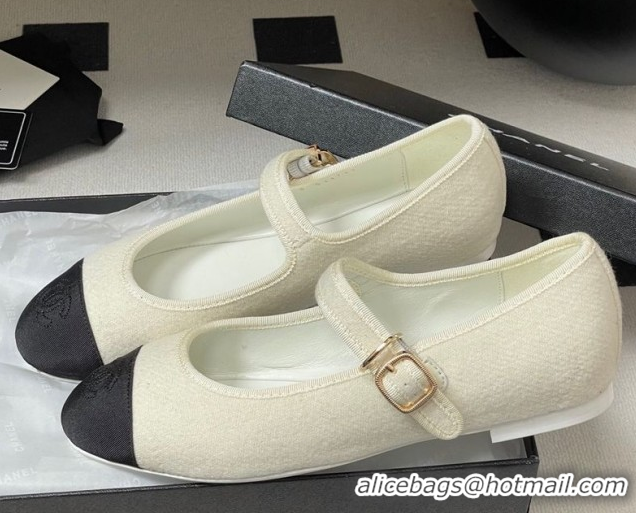 Shop Duplicate Chanel Fleece & Grosgrain Mary Janes Flats Ballet G45503 White
