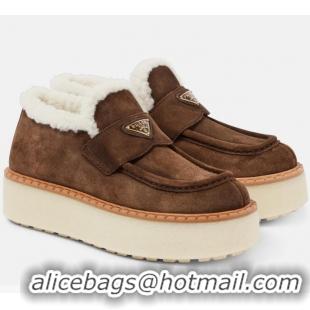 ​Promotional Prada Shearling-lined Suede Platform Loafers P59987 Dark Brown