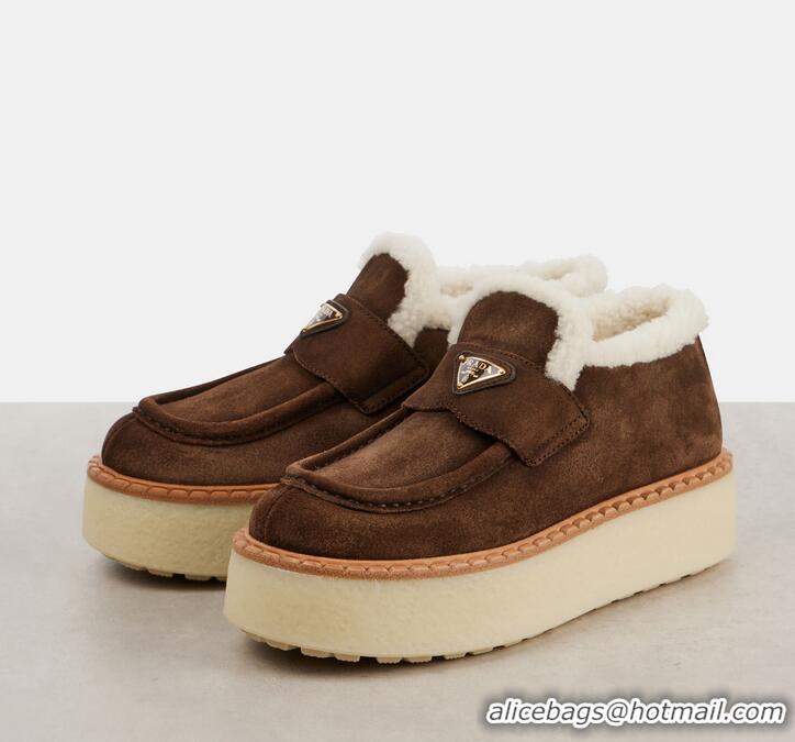 ​Promotional Prada Shearling-lined Suede Platform Loafers P59987 Dark Brown