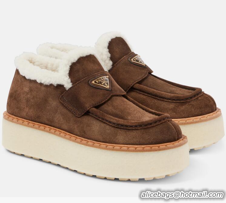 ​Promotional Prada Shearling-lined Suede Platform Loafers P59987 Dark Brown